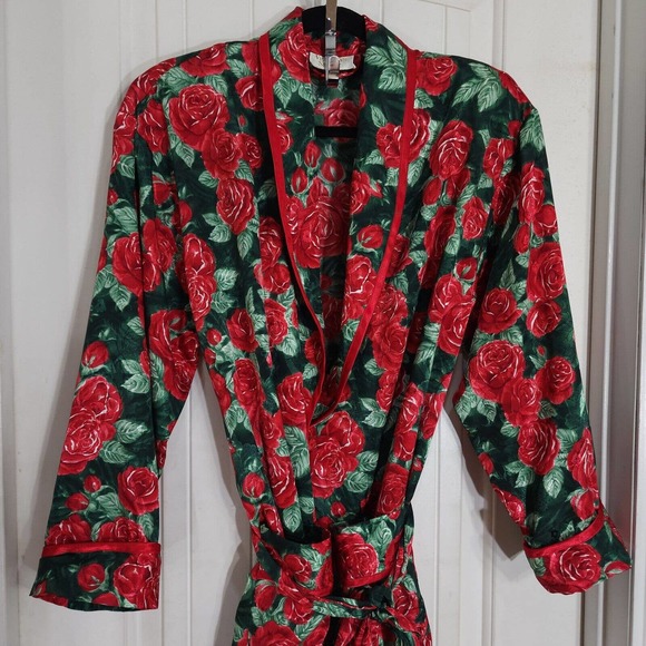 Victorias Secret Womens Robe Vtg 80s Gold Label Red Green Floral Satin Long Sz S - Picture 3 of 11